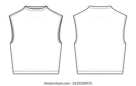 Muscle Tank Technical Fashion Illustration. Sleek Crew Neck Fitted Tee Vector Template. Front and Back Views. Minimalist Casual Essential. CAD Mockup. Unisex. CAD Mockup set.