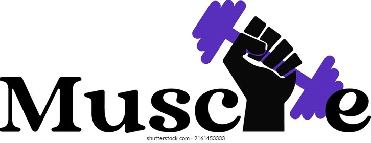 muscle text and hand holding purple dumbbell