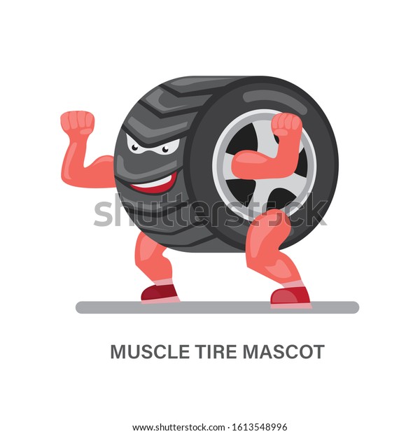 MUSCLE TIRE MASCOT, icon or logo for tire car\
and motorcycle product cartoon flat illustration vector isolated in\
white background