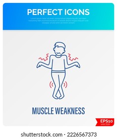 Muscle weakness thin line icon. Man can´t control his body. Long covid syndrome. Atrophy. Vector illustratiion.