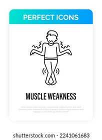 Icono de línea delgada de debilidad muscular. El hombre no puede controlar su cuerpo. Síndrome de larga duración. Atrofia. Ilustración vectorial.