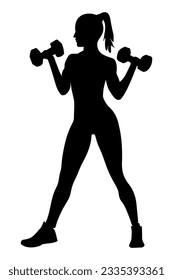 Muscle woman bodybuilder lifting dumbbells Silhouette. Vector illustration