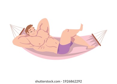 Muscled Male Lying in Hammock and Sleeping Vector Illustration