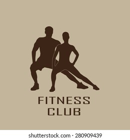 Muscled man and woman black silhouettes isolated on white background. Fitness symbol or label. Vector illustration.