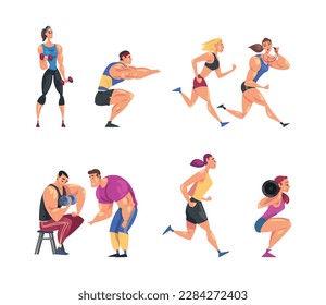 Muscled Man and Woman Sportsman Training in Gym Doing Physical Workout with Their Personal Trainer Vector Set