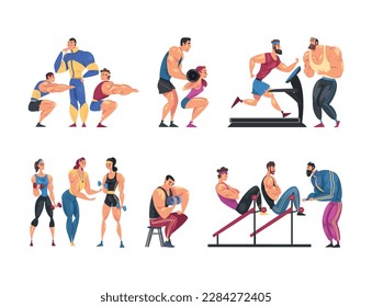 Muscled Man and Woman Sportsman Training in Gym Doing Physical Workout with Their Personal Trainer Vector Set