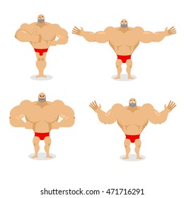 Muscled set poses. Expression of emotions athlete. Evil and good big man. Sad and happy man. Big strong bodybuilder.
