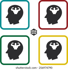 Musclemen In Head For Healthy Symbol And Icons Set On White Background And Colorful Border. Vector illustration.