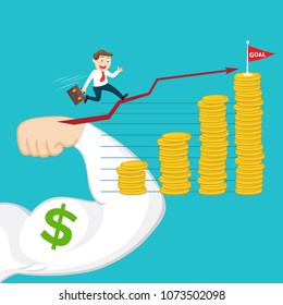 Muscles arm helping businessman to success on money , success concept money