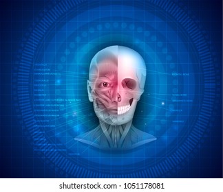 Muscles and bones of the face detailed bright anatomy with names of muscles and bones on a blue abstract background