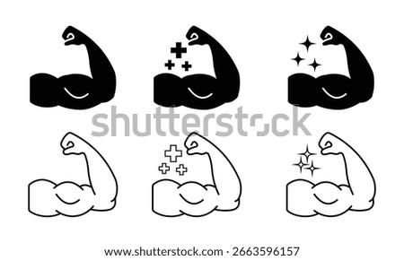 Muscles icon set, Strong hand line icon vector set. Muscle arm, Biceps, protein, man, strength, flex, human body concept.  Vector illustration.