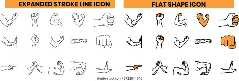 Conjunto de iconos de Vector de músculos. Símbolo del músculo del brazo de la mano en el icono de forma de línea de trazo expandido. Icono del músculo del gimnasio y de la aptitud