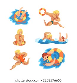 Muscluar Blond Man Beach Lifeguard with Lifebuoy Ensuring Safety Vector Set