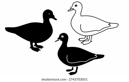 Muscovy duck icon set. vector illustration Cairina moschata in line, outline, silhouette styles. isolated white background. 