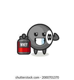 the muscular 8 ball billiard character is holding a protein supplement , cute style design for t shirt, sticker, logo element