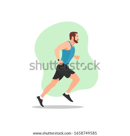 Muscular adult man with beard running or jogging. Workout excercise. Marathon athlete doing sprint outdoor - Simple flat vector illustration.