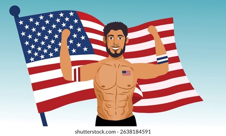 Muscular American Man Celebrating Freedom with Large United States Flag