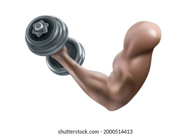 Muscular arm with dumbbells. 3d vector illustration