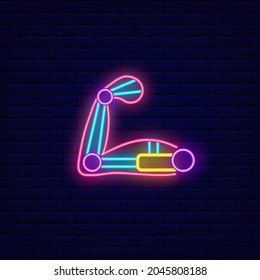Muscular arm with exoskeleton neon icon. Cyberpunk idea. High tech technology. Future with robot. Night bright signboard. Outer glowing effect banner. Editable stroke. Isolated vector illustration
