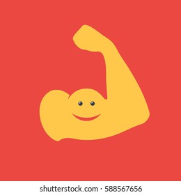 Muscular arm icon. Biceps smiling. Funny concept gym. Vector illustration in a flat style template for web banner design, brachyury or advertising