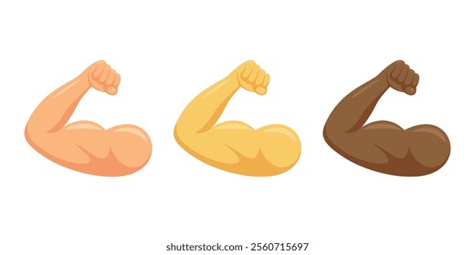 Muscular Arm Icon Set with Diverse Skin Tones. Strong Bicep Showcasing Various Skin Tones From Light to Dark. Design Template for Fitness, Health, Gym, Workout Graphics, Bodybuilding, Wellness Design