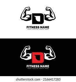 Muscular arm letter D logo design Letter "D" arm biceps in negative space. Simple, excellent, minimal logo design suitable for gym, fitness apparel, gear, sports, etc