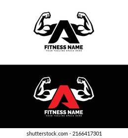 Muscular arm letter A logo design Letter "A" arm biceps in negative space. Simple, excellent, minimal logo design suitable for gym, fitness apparel, gear, sports, etc