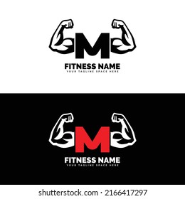 Muscular arm letter M logo design Letter "M" arm biceps in negative space. Simple, excellent, minimal logo design suitable for gym, fitness apparel, gear, sports, etc