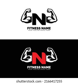 Muscular arm letter N logo design Letter "N" arm biceps in negative space. Simple, excellent, minimal logo design suitable for gym, fitness apparel, gear, sports, etc