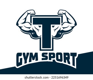 Muscular arm letter T logo illustration, Fitness Gym logo template, design for gym and fitness club.