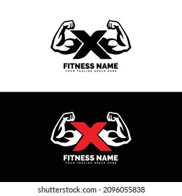 Muscular arm letter X logo design Letter "X" arm biceps in negative space. Simple, excellent, minimal logo design suitable for gym, fitness apparel, gear, sports, etc
