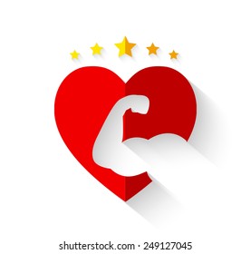 Muscular Arm On Heart Shape With Crown Of Stars And Long Shadow - Strong Hearts Or Love Fitness Concept