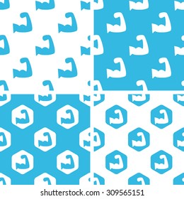 Muscular arm patterns set, simple and hexagon, blue and white