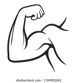 Muscular arm of strong man, bodybuilder. Biceps triceps of sportsman. Muscles of beefy athlete. Bodybuilding, active, healthy lifestyle linear concept. Outline vector illustration isolated on white.