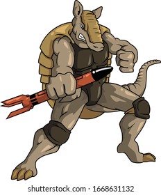 Muscular Armadillo Wearing Armor And Holding A Fireworks Rocket, Ready To Fight