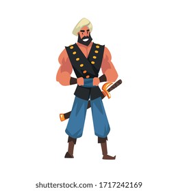 Muscular Armed Warrior, Arabian Fairy Tale Cartoon Character Vector Illustration