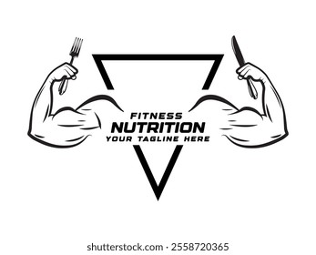 Muscular Arms Holding Cutlery with Bold Text and Triangle Design.