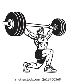 Muscular athlete lifting a heavy barbell, vector illustration.
