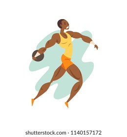 Muscular athlete man throwing a kernel, professional sportsman at sporting championship athletics competition vector Illustration on a white background