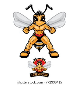 Muscular and athletic bee vector logo mascot.