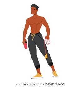 Hombre Musculoso Y Atlético Con Un Físico Tonificado. Personaje Masculino Sin Camisa Con Pantalones Deportivos Negros Y Zapatillas Amarillas, Llevando Una Cuerda De Salto Y Una Botella De Agua. Ilustración vectorial de Personas de dibujos animados