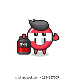 the muscular austria flag badge character is holding a protein supplement , cute style design for t shirt, sticker, logo element