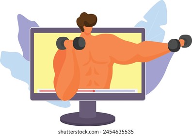 Muscular back man lifting dumbbells emerges computer screen, suggesting virtual fitness training. Conceptual representation online workouts, digital personal training, technology merging physical