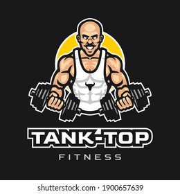 A muscular bald man lifts dumbbell weights