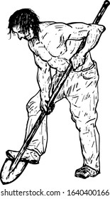 A muscular bare-chested miner digging a hole with his shovel. Hand drawn vector illustration. 
