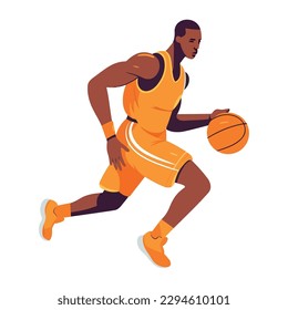 Muscular basketball player dribbling ball with speed icon isolated