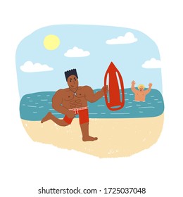 Muscular beach rescuer in red shorts runs from a rescue tower with buoy equipment to help man drowning in the sea and screaming with hand up. Rules of staying on the beach, swimming safety concept.
