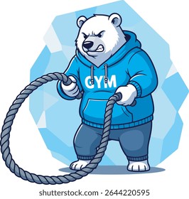 Muscular bear cartoon using battle rope for intense gym training. Great for gym posters, sports branding, or animal strength illustrations.