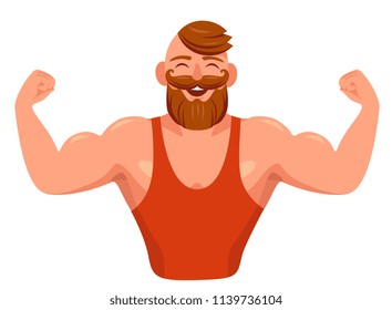 muscular bearded hipster shows off his muscles. Cartoon vector illustration