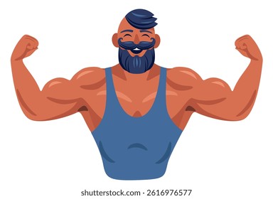 muscular bearded hipster shows off his muscles. Cartoon vector illustration